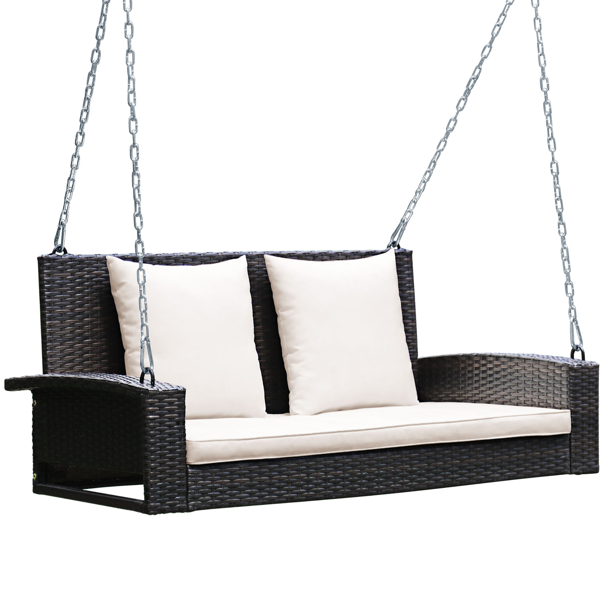 Costway 2-Person Patio Rattan Hanging Porch Swing Bench Chair Cushion Beige - image 4 of 10