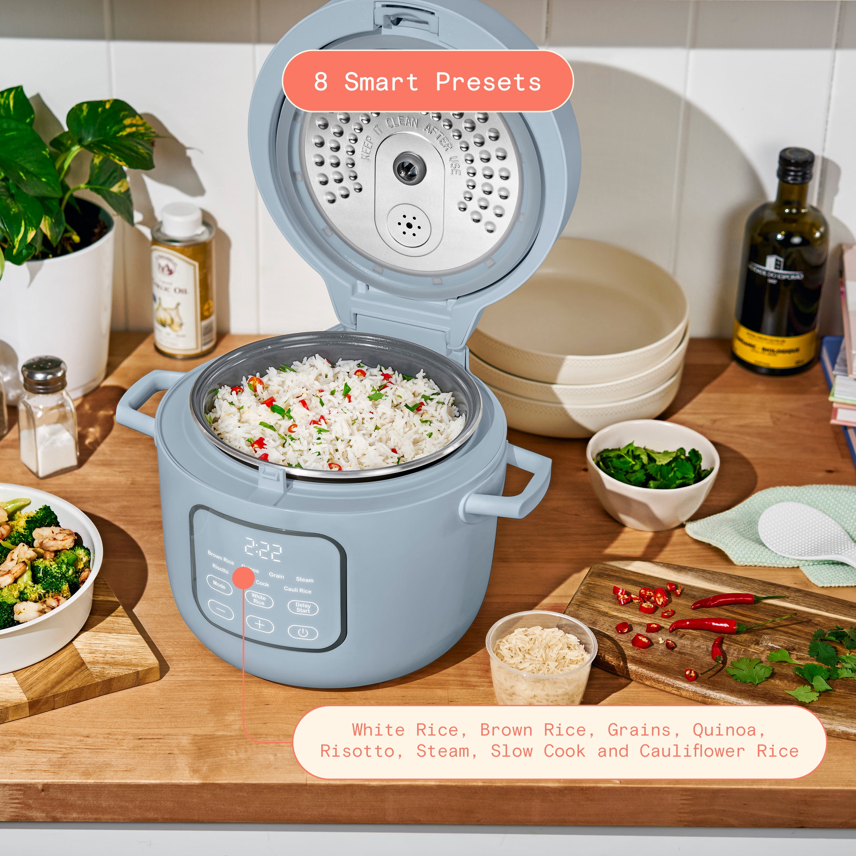 Beautiful 14-Cup Cooked, 6-Cups Uncooked Electric Rice and Grain Cooker, EverGood™ Ceramic Nonstick Coating, Cornflower Blue by Drew Barrymore