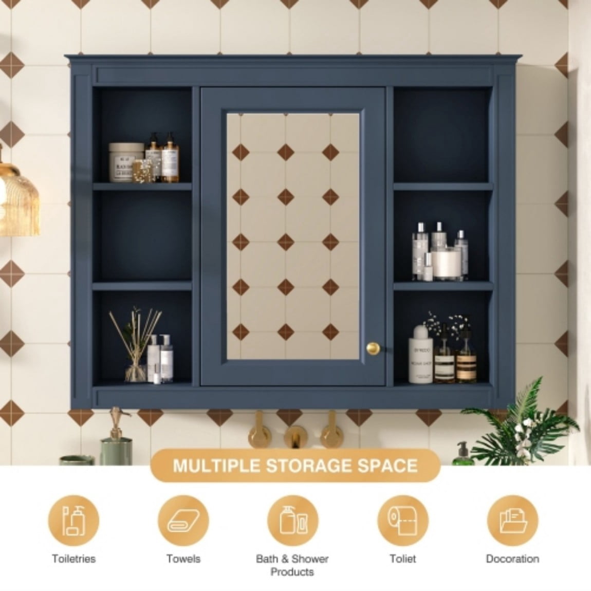 35"x 28" Wall Mounted Bathroom Medicine Cabinet with Mirror, Bathroom Storage Cabinet with 6 Open Shelves, Adjustable Shelves & Towel Bar, Blue