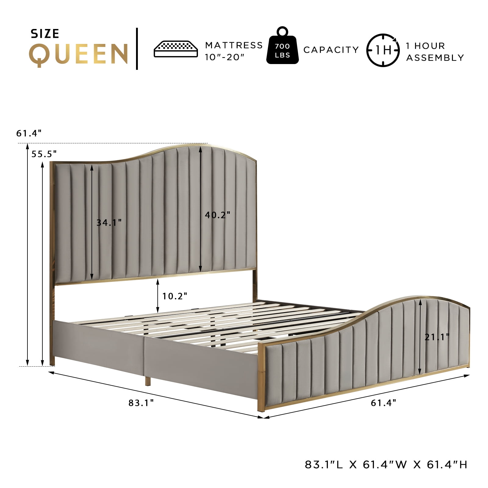 VanAcc Queen Size Platform Bed Frame 61.4" Vertical Channel Gold Trim Headboard ï¼ Footboard Grey