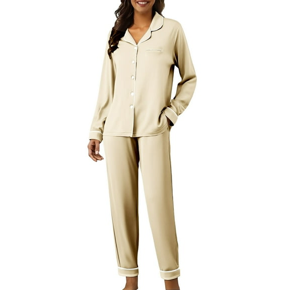 Button Down Pajamas Women, Audhol Cute Pajama Sets for Women Long Sleeve Sleepwear Button Loungewear Soft 2 Piece Set with Pockets Long Pants Fall Pajamas for Women Beige L