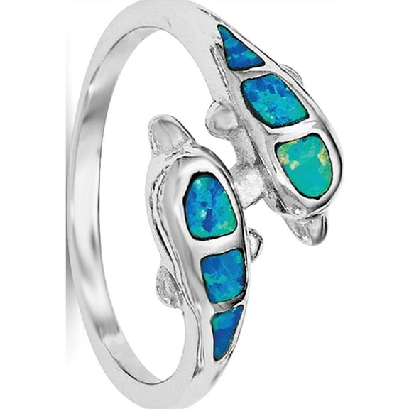 Sterling Silver Rhodium Created Blue Opal Dolphins Ring (Size 6) Made In China qr6030-6
