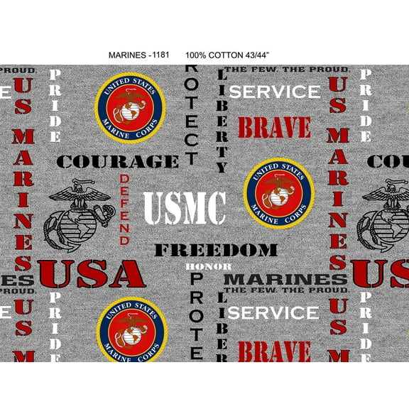 Cotton United States Marines U.S. Marines USA Military Prints Marines Heather Print Logo Allover Gray Cotton Fabric Print by the Yard (1191-M)