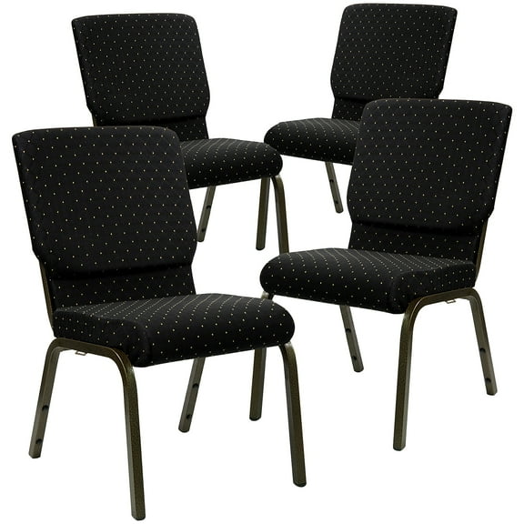 Flash Furniture 4 Pack 18.5''W Stacking Church Chair in Black Dot Patterned Fabric - Gold Vein Frame