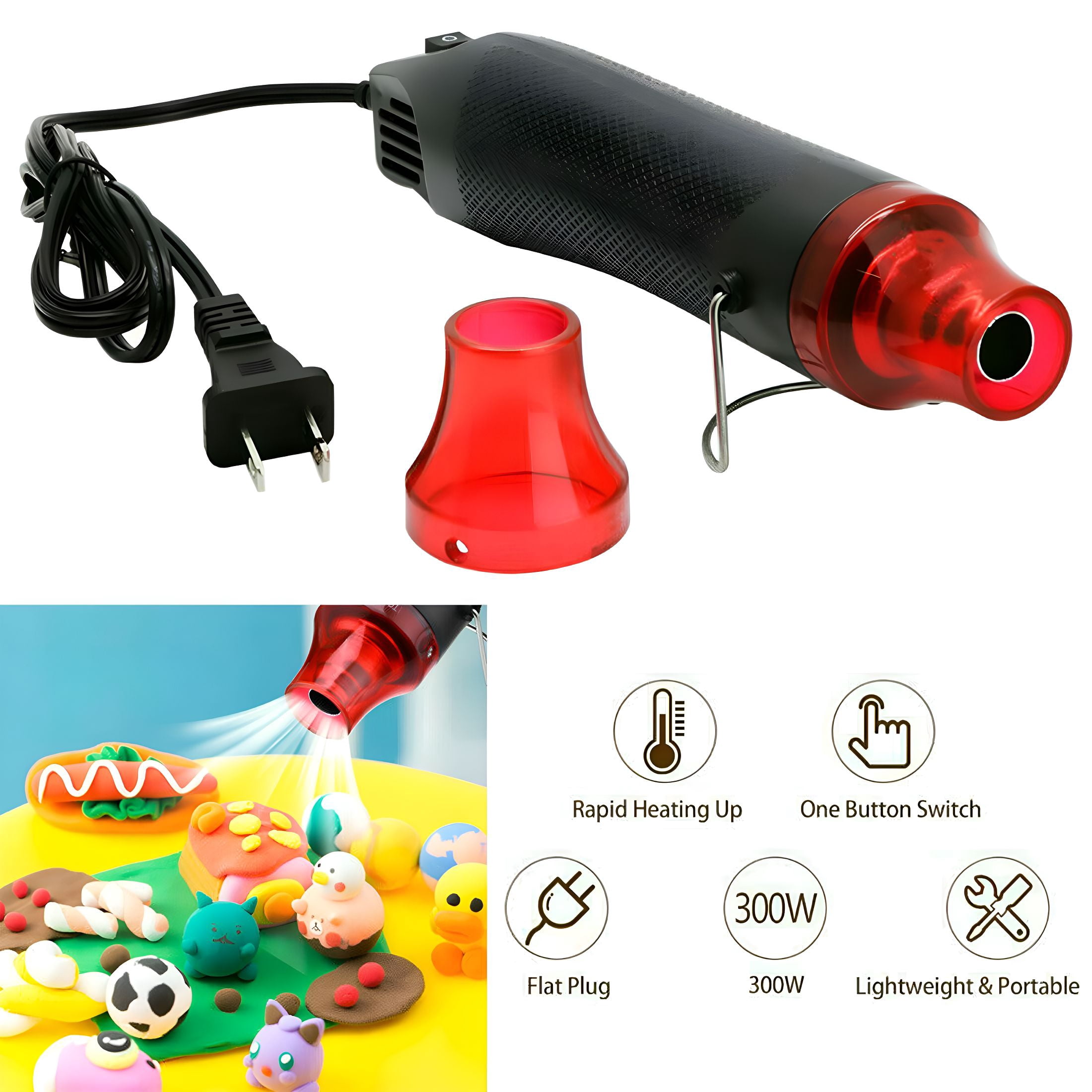 HIBIBUD Mini Heat Gun, 300W Handheld Hot Air Gun Tool, Portable 110V Electric Heat Gun For Craft Embossing, Shrink Wrapping, Stripping Paint, Clay, Rubber Stamp