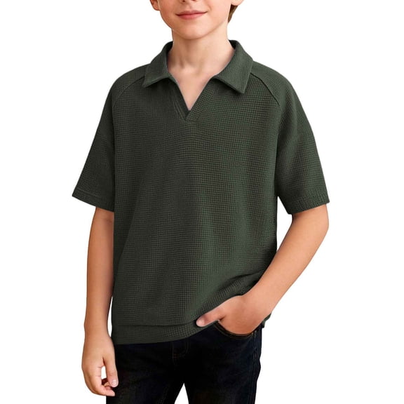 Kukoosong Boy's Waffle Knit V-Neck Polo Shirt, Kids Raglan Sleeve Collared Casual Tops, Solid Color Short Sleeve T-Shirt for Boys