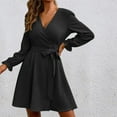 thumbnail image 2 of safuny Women's Mini A Line Dress Solid Holiday Long Sleeve V Neck Elegant Cocktail Wedding Evening Party Trendy Dresses Black XL, 2 of 8