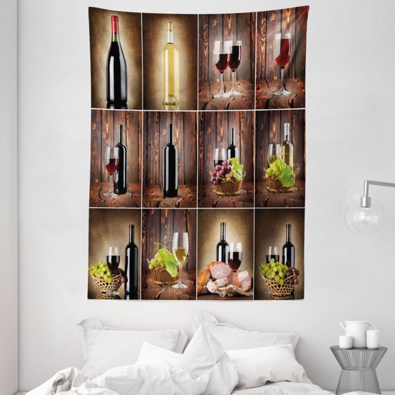 Wine Tapestry, Wine Themed Collage on Wooden Backdrop with Grapes and Meat Rustic Country Drink, Wall Hanging for Bedroom Living Room Dorm Decor, 60W X 80L Inches, Brown Black Red, by Ambesonne