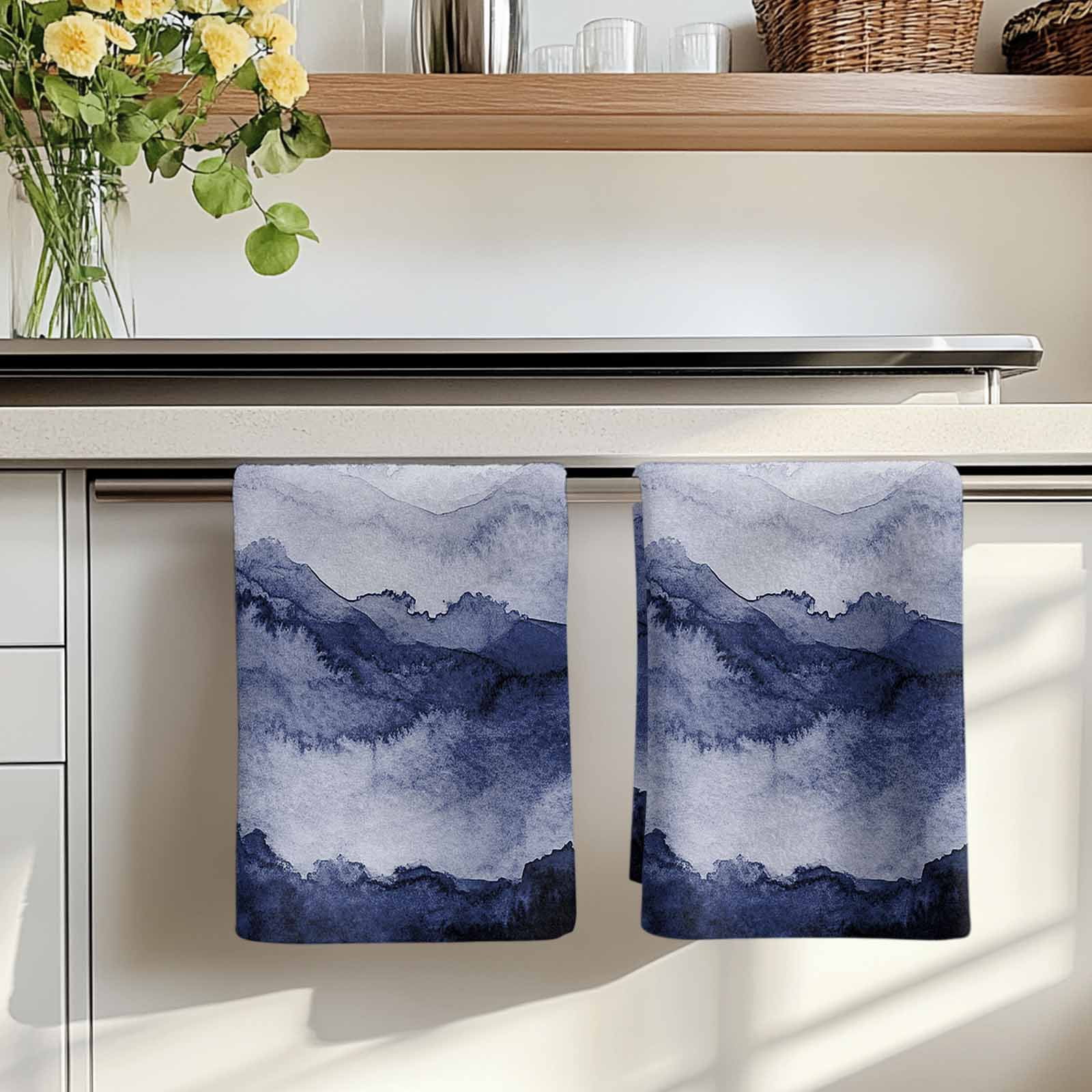 Dish Towels, Navy Blue Mountain Absorbent Kitchen Towels 2 PCS, Ombre Abstract Natural Microfiber Hand Towels Dish Cloths Tea Towels for Home&nbsp;Bathroom Cleaning Drying,18X28-Inch,