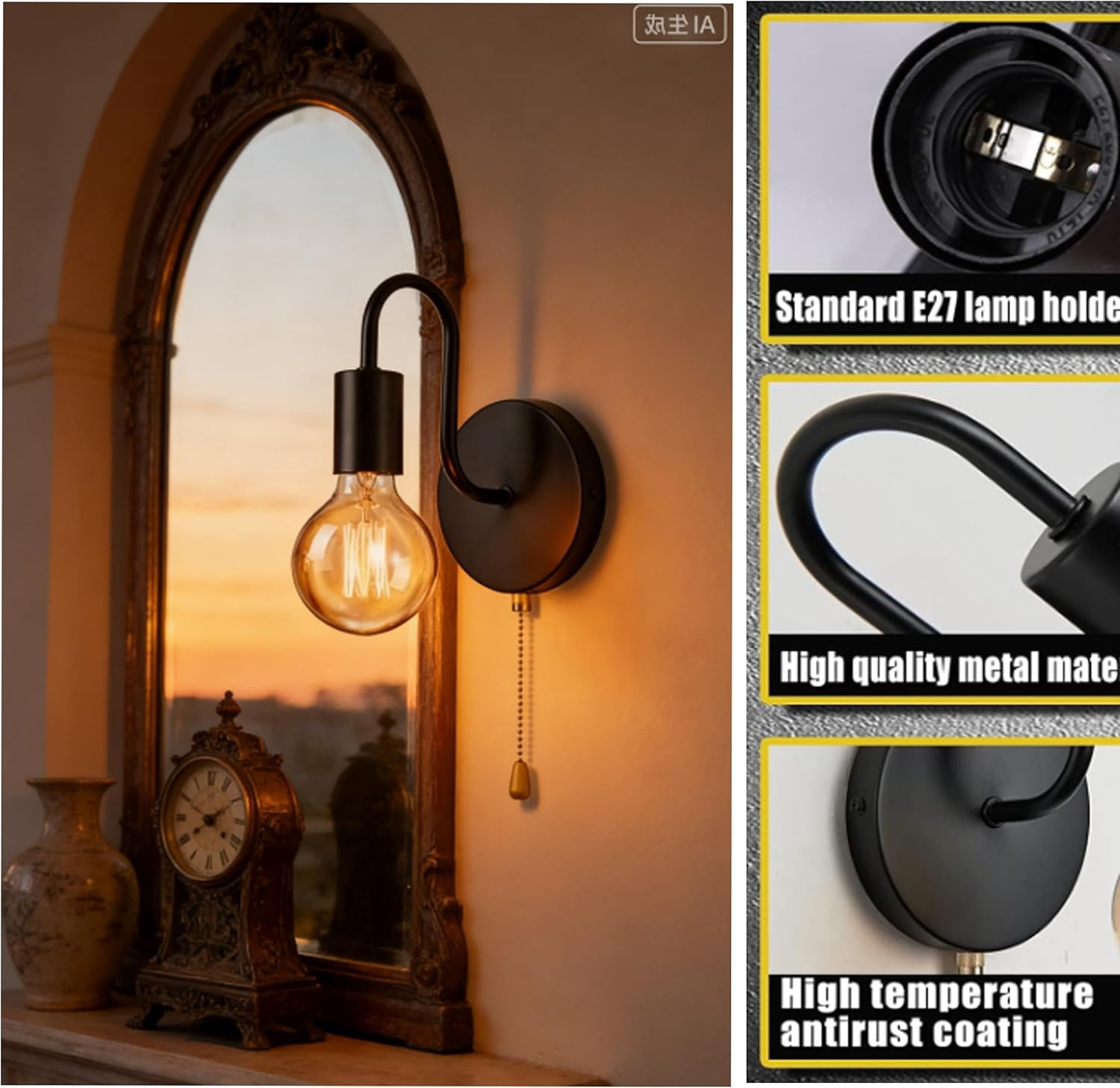 RGHJAR-Wall Sconces Pull String Light Fixture 1-Light Vintage Industrial Wall Lamp with Light Pull Chain, Fixture Hardwired E26 Base Wall Light Fixtures for Bedroom Hallway Bathroom, On/Off Control