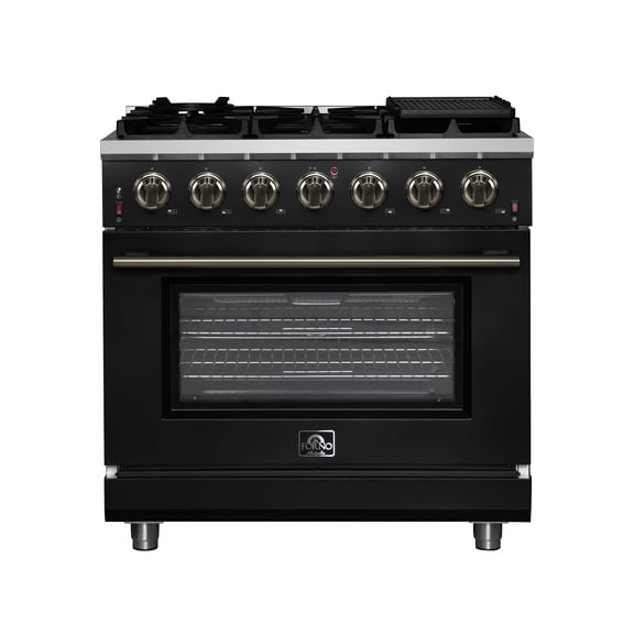 Forno Massimo 36-Inch Black Freestanding Gas Range, 6 Sealed Burners, Convection Oven