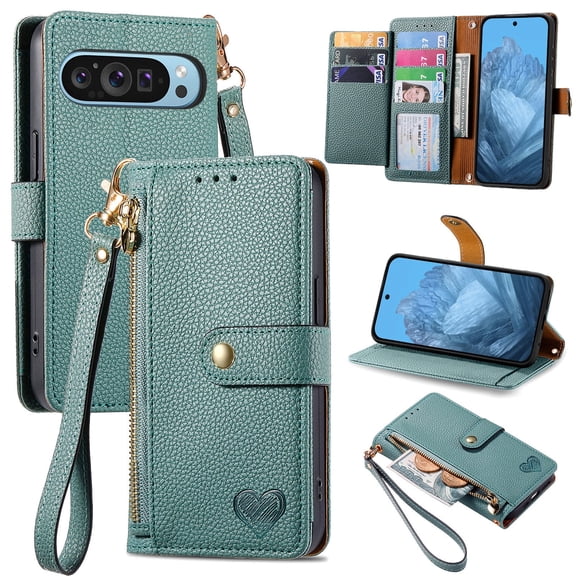 New Wallet Case for Google Pixel 9 / 9 Pro Fold Case with Card Slots,Strap & Kickstand Leather with Zipper Shockproof Slim Cover Phone Case for Google Pixel 9 / 9 Pro Fold Wallet Case,6 Color