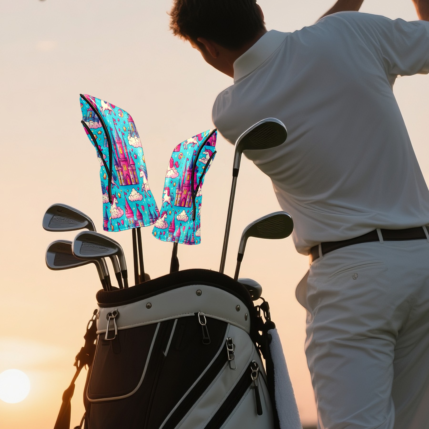 Golf Club Covers, Blue Unicorn Castle Premium PU Leather Driver Hybrid Putter Head Covers with Velvet Lining, Waterproof Golf Gifts for Men Women