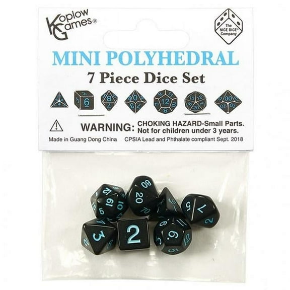 Black Mini Dice With Blue Numbers 10mm (3/8in) Set of 7 Koplow Games
