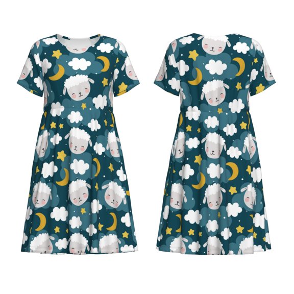 Horeoi Sweet Dream Lamb Print Women's Short Sleeve Dress Breathable Polyester-Spandex All-Over Print A-Line Side Pockets Elastic Waist