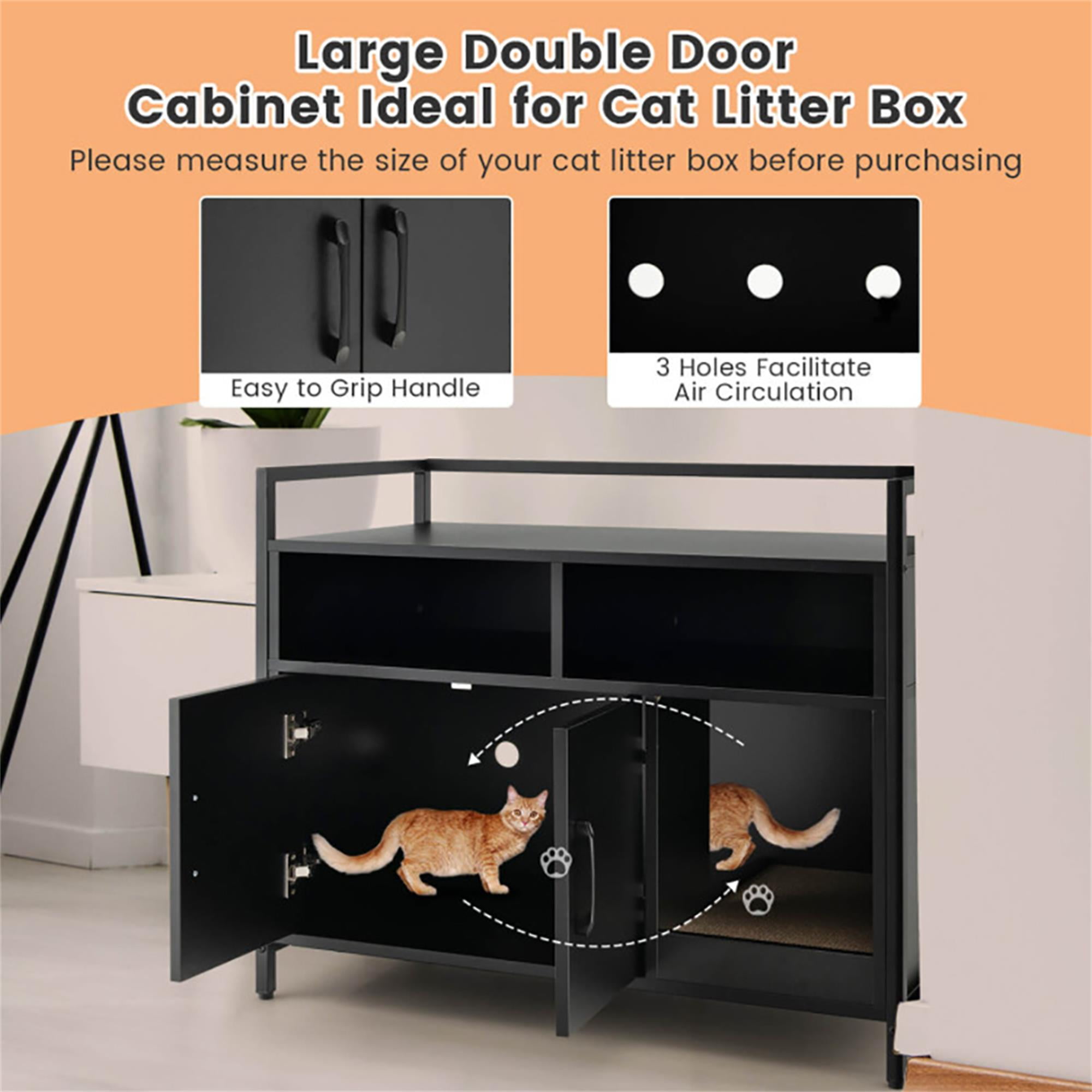 Kadyn 35" Hidden Cat House Washroom with 2-Doors and Scratch Cardboard, Wooden Cat Litter Box Enclosure Furniture, Black