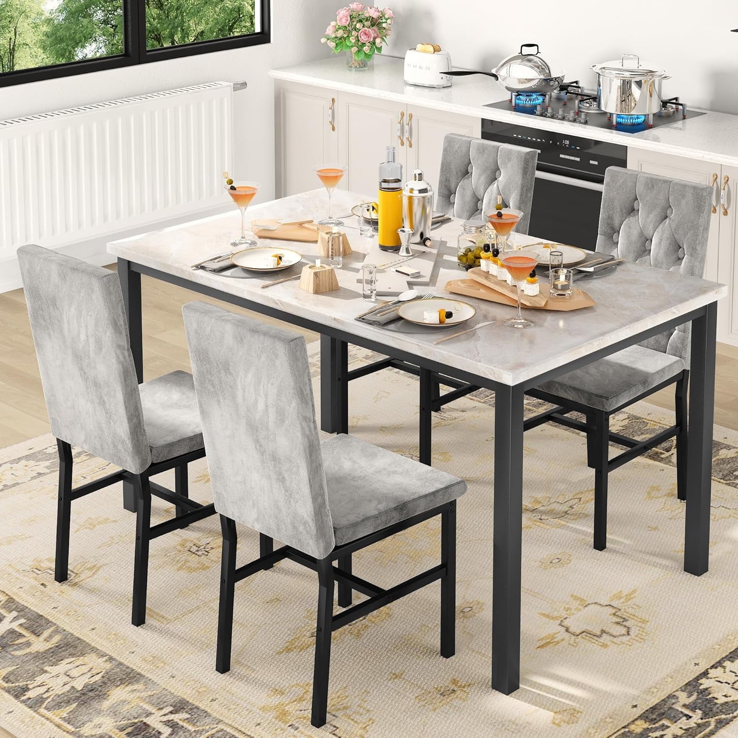 Dining Table Set for 4, Marble Kitchen Table Set, Western European Style with 4 Tufted Dining Chairs for, Small Spaces, Apartments, Breakfast Corners, Kitchens and Dining Rooms (white/gray)