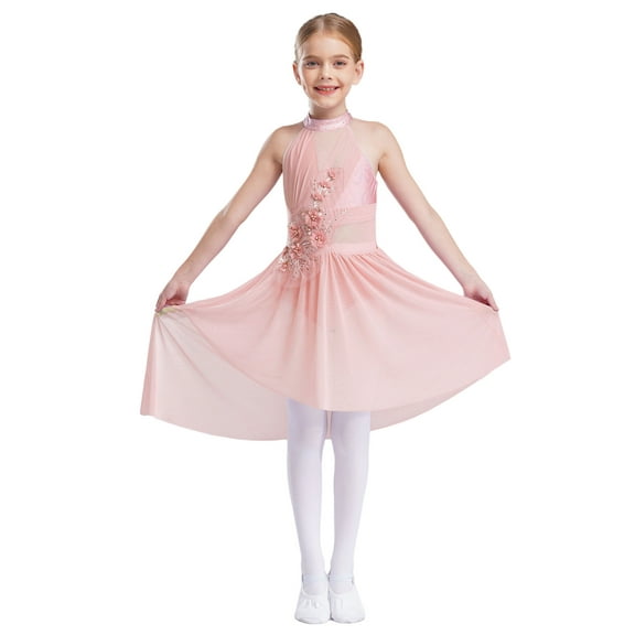 Haitryli Kids Girls Lyrical Dance Dress Ballet Shiny Rhinestones High-Low Skirt Leotards Modern Dance Dress Pink 6
