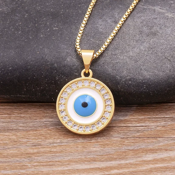 Hot Sale Round Shape Evil Eye Personality 14K Yellow Gold Pendant Necklace For Women Luxury Shiny Crystal Zircon Jewelry Accessories Gifts