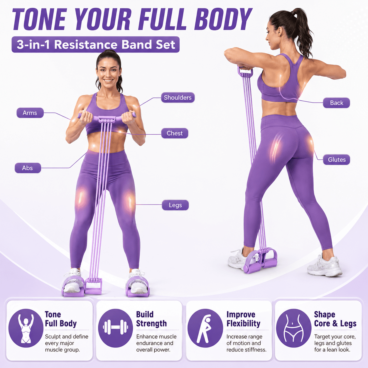 Pedal Resistance Band with Handle, 2026 New Upgrate 8 Tube Exercise Band 3‑in‑1 Multi-Function for Foot Pedal Pull, Back Stretch & Chest Expand, Portable Latex Fitness