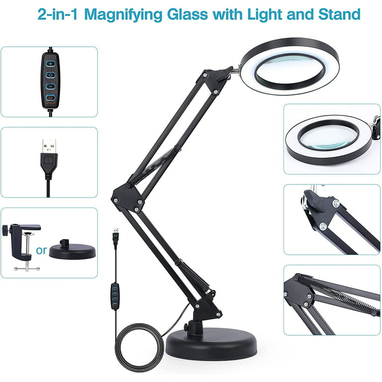 Tom-shine Magnifying Glass Lamp 3X 10X,Stepless Dimmable LED Magnifying  Lamp with Dust Cover Metal Clamp,Adjustable LED Magnifier with Light and  Stand for Crafts Reading Workbench Close Work 