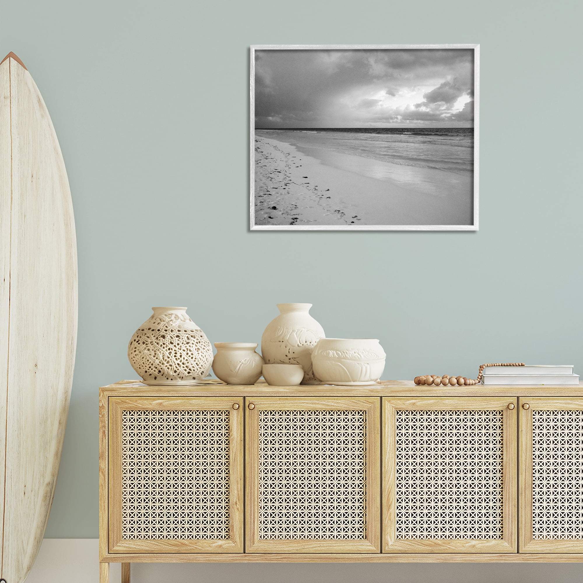 Stupell Industries Beach Shore with Footprints Coastal Photography White Framed Art Print Wall Art, 30 x 24