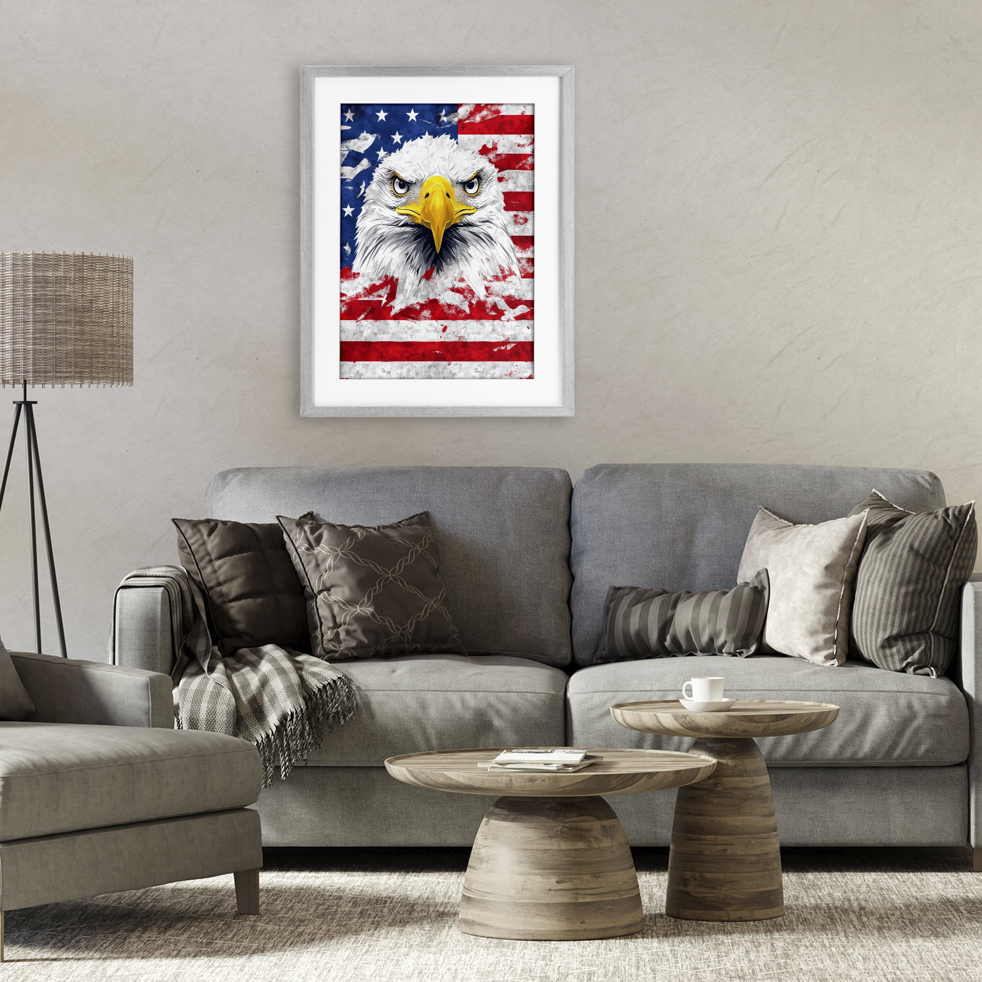 Stupell Industries Patriotic Bald Eagle Flag Gray Framed Print Under Glass, design by The Wands Want