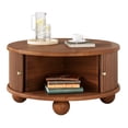 thumbnail image 2 of GZXS 31.8" Solid Wood Center Table with Sliding Door & Hidden Storage, Fluted Round Coffee Table for Living Room, Walnut, 2 of 10