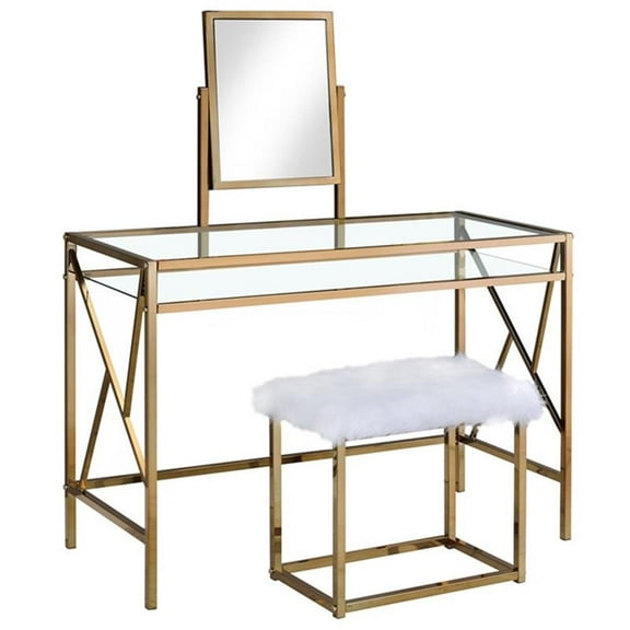 Furniture of America Ian Metal 3-Piece Bedroom Vanity Set in Champagne Gold