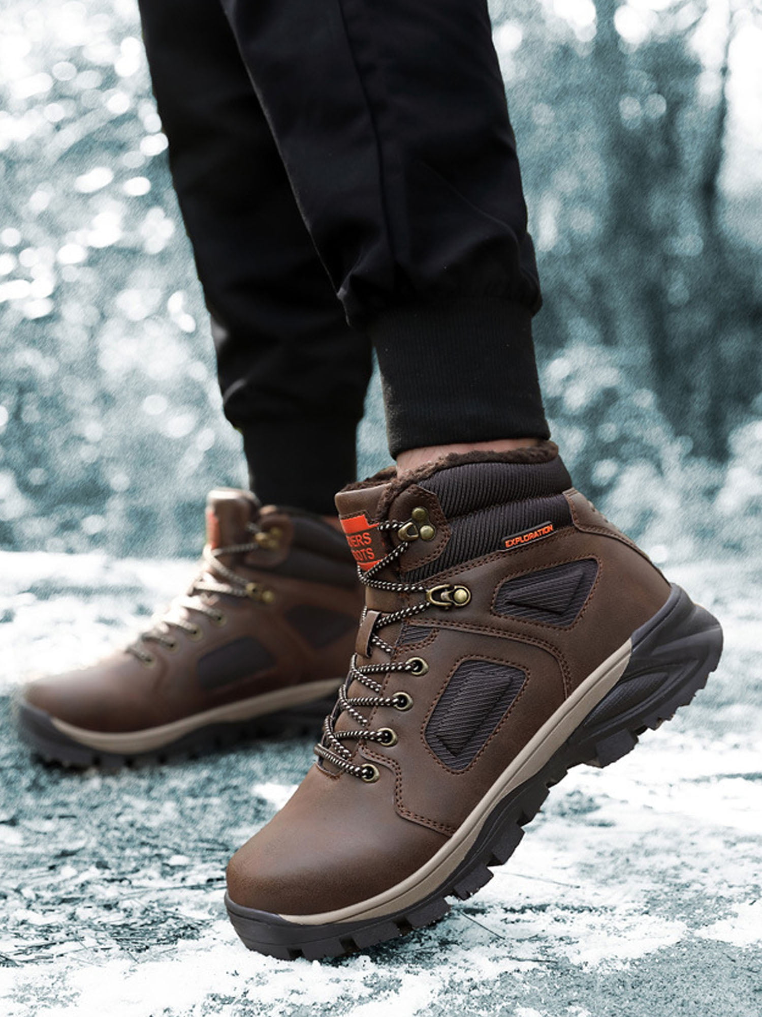Mens Waterproof Leather Winter Hiking Sneaker Outdoor Snow Warm Fur Inside Boots