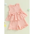 thumbnail image 4 of Loicainy Toddler Baby Girl Summer Clothes Set 6 12 18 24 Months 2T 3T 4T 5T Solid Color Bow Round Neck Tank Tops + Elastic Waist Ruffled Shorts 2 Pcs Outfits, 4 of 10