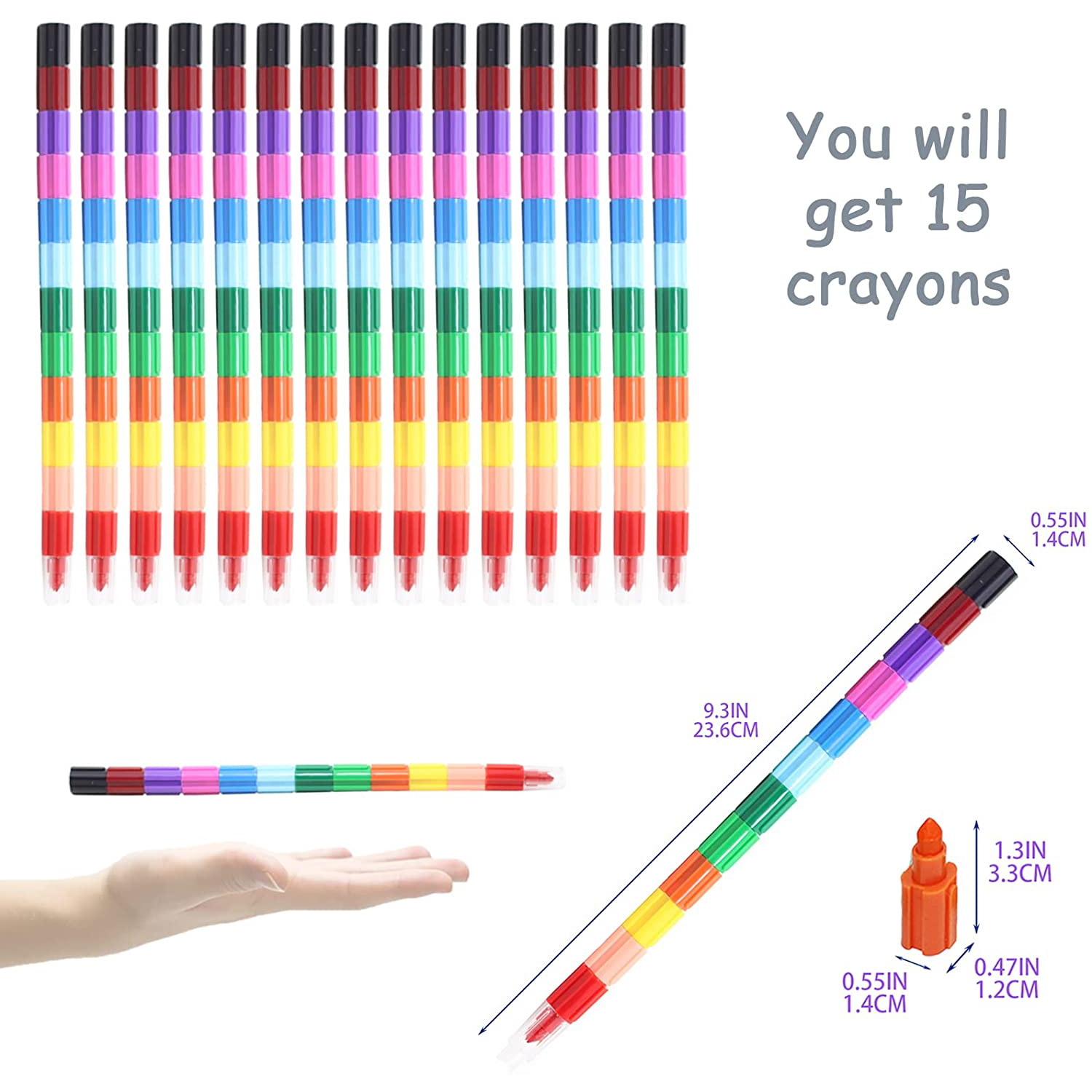 15 Pieces 12 in 1 Wax Crayons, Stackable Colouring Pencils for