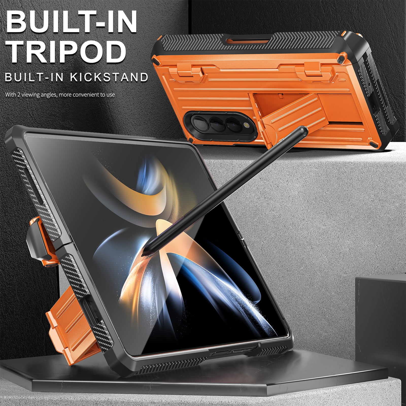 TECH CIRC Case for Samsung Galaxy Z Fold 4 Compatible with MagSafe, Heavy Duty Rugged PC Shockproof Hinge Protection Cover with Hidden Bracket Screen Protector S Pen Holder Galaxy Z Fold 4 Case,Orange