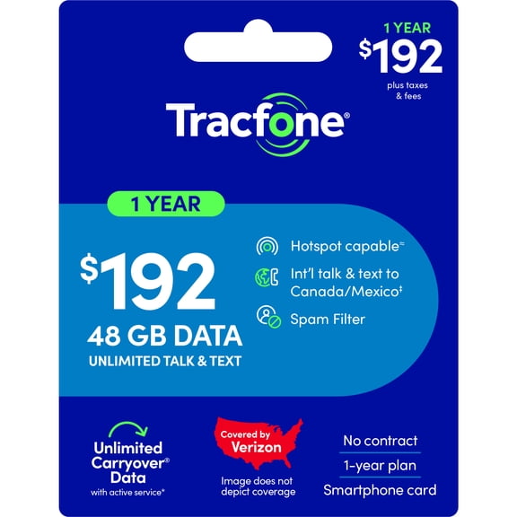 Tracfone $192 Unlimited Talk & Text plus 48 GB of Data 365-Day - Prepaid Plan Direct Top Up