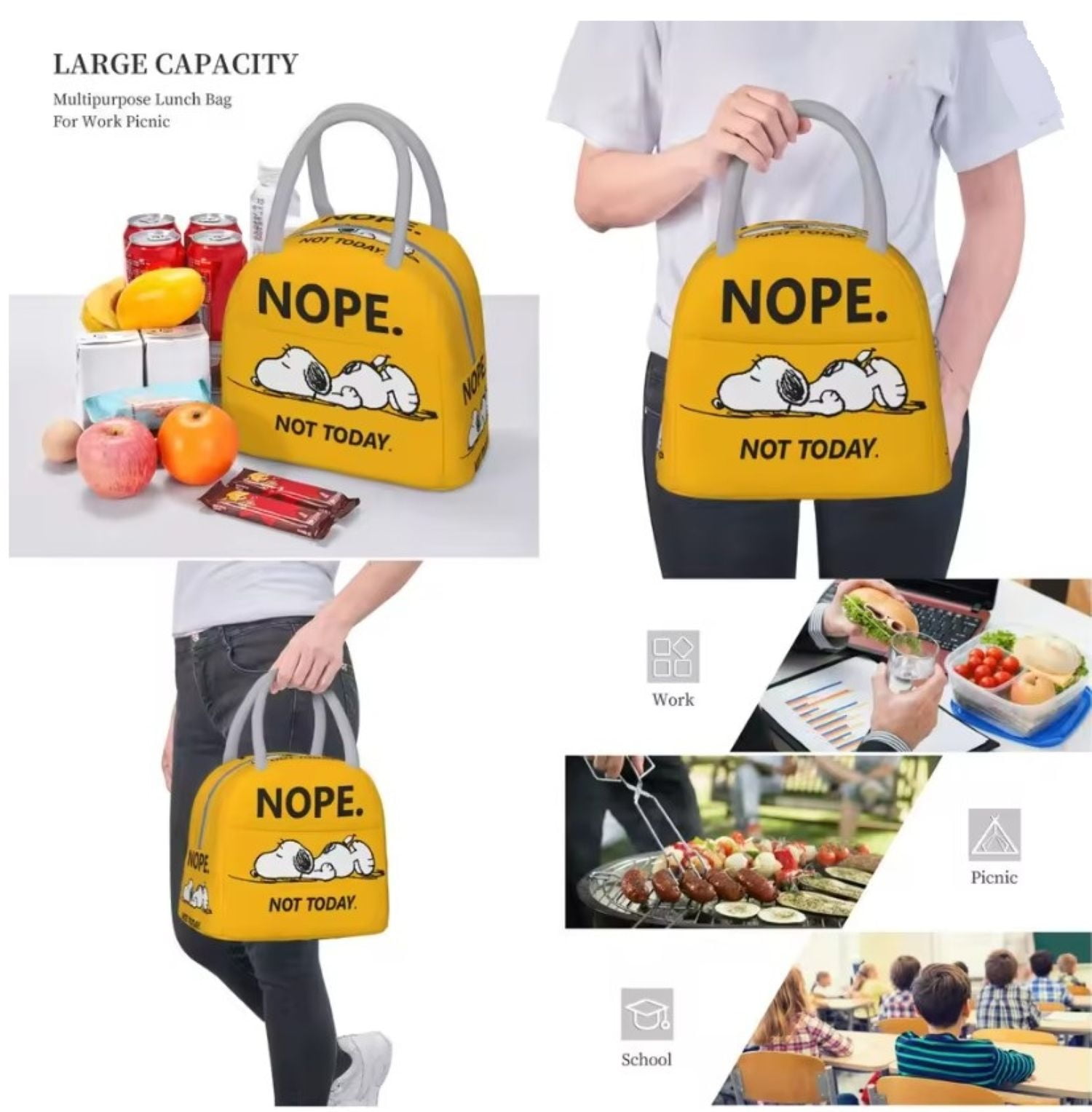 Snoopy Lunch Bag Tote Yellow Insulated Cooler Bag 