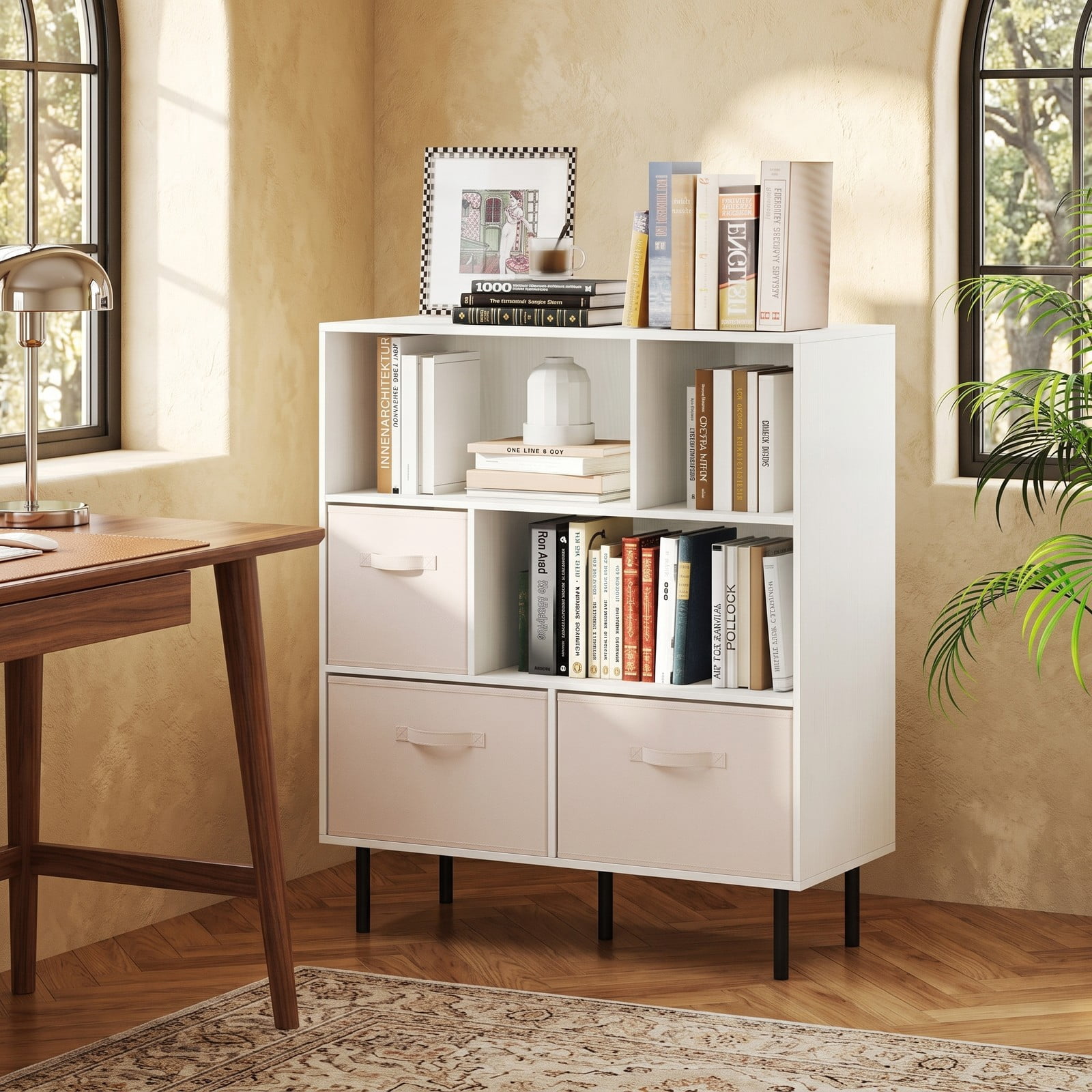 Furnibear 6-Cube Bookshelf with 3 Removable Folding Fabric Drawers, Metal Frame Cube Storage Organizer Bookcase Display Shelf for Living Room Bedroom Home Office, White