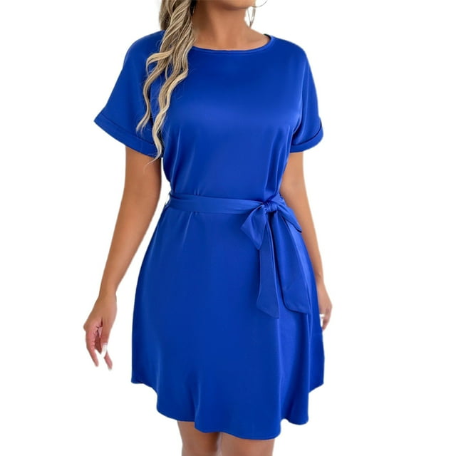 Robe Décontractée Grande Taille pour Femmes à Manches Courtes avec Ceinture Nœud Col Rond Fluide Confortable pour Fête Vacances Printemps Automne Usage Quotidien