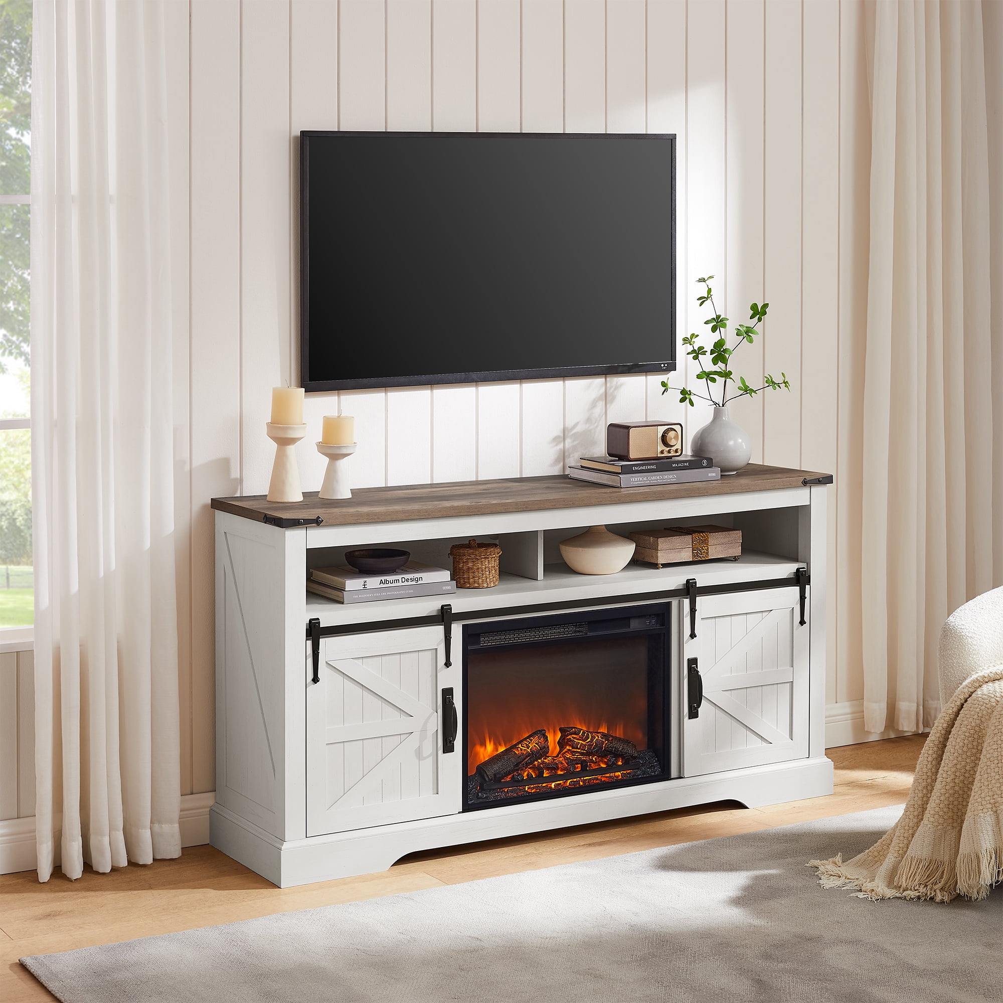 KeyWhat Farmhouse Fireplace TV Stand for TVs up to 70", 24" Electric Fireplace & Barn Door