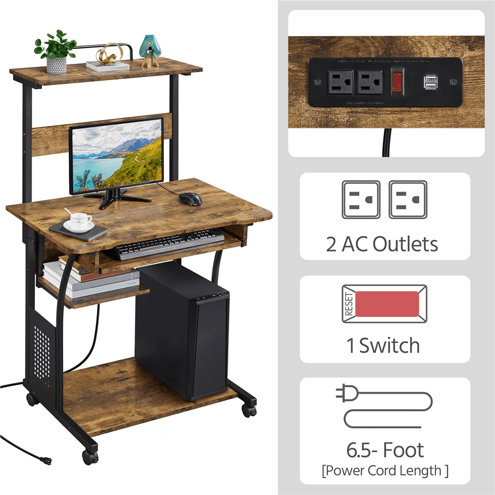 Alden Design 3 Tiers Computer Desk with Charging Station Printer Shelf for Home Office, Rustic Brown