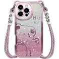 thumbnail image 1 of Funda para iPhone 16 Pro Max con correa, Lindo Patrón de Brillo Brillante de Oso de Dibujos Animados con Brillo de cordón Cruzado para Mujeres y Niñas, Funda Suave de TPU a prueba de golpes, 1 of 6