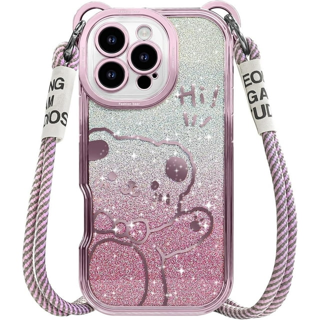 Funda para iPhone 16 Pro Max con correa, Lindo Patrón de Brillo Brillante de Oso de Dibujos Animados con Brillo de cordón Cruzado para Mujeres y Niñas, Funda Suave de TPU a prueba de golpes