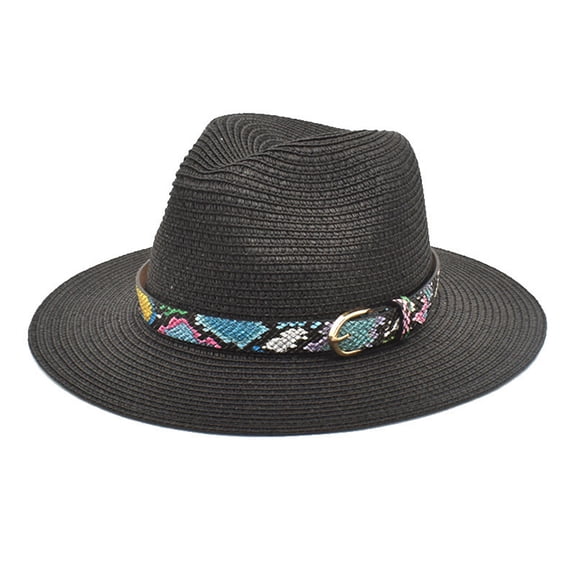 Yuanlong Womens Straw Fedora Hat Wide Brim Boho Printed Belt Decor Sun Hat Lightweight Travel Beach Casual Summer Headwear