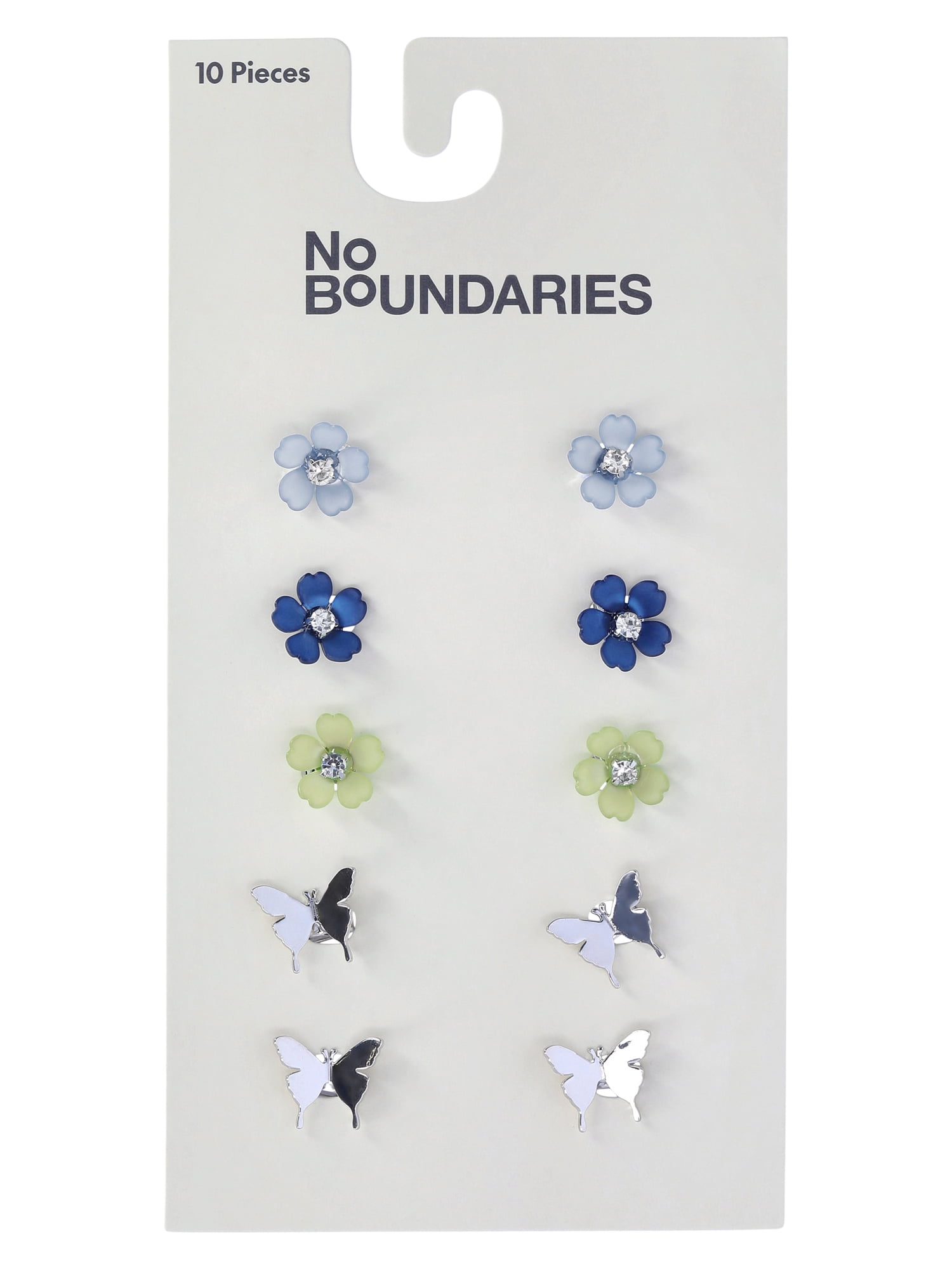 No Boundaries Butterfly and Flower Mini Hair Claw Clips Set, 10-Piece, Women's, Blue/Silvertone
