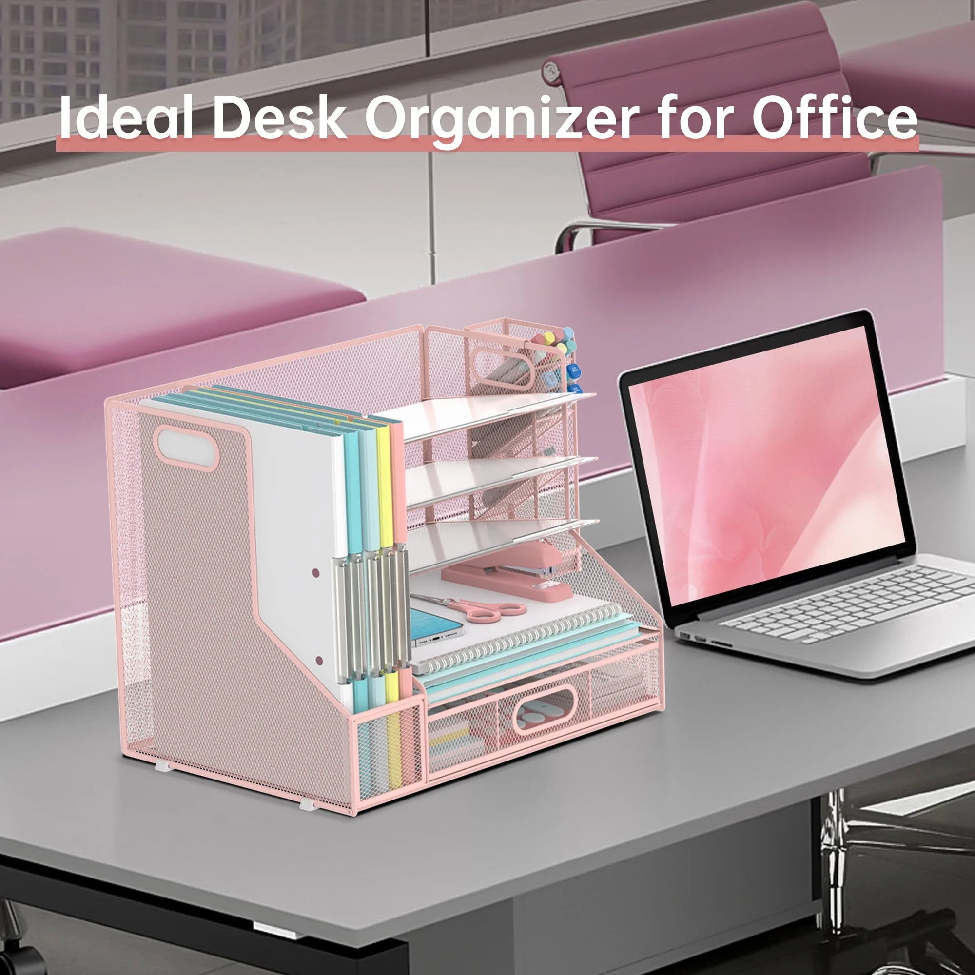 INTIGE 5-Tier Metal Desktop Organizer with Pen Holder, Drawer and File Rack, File Organizer, Pink
