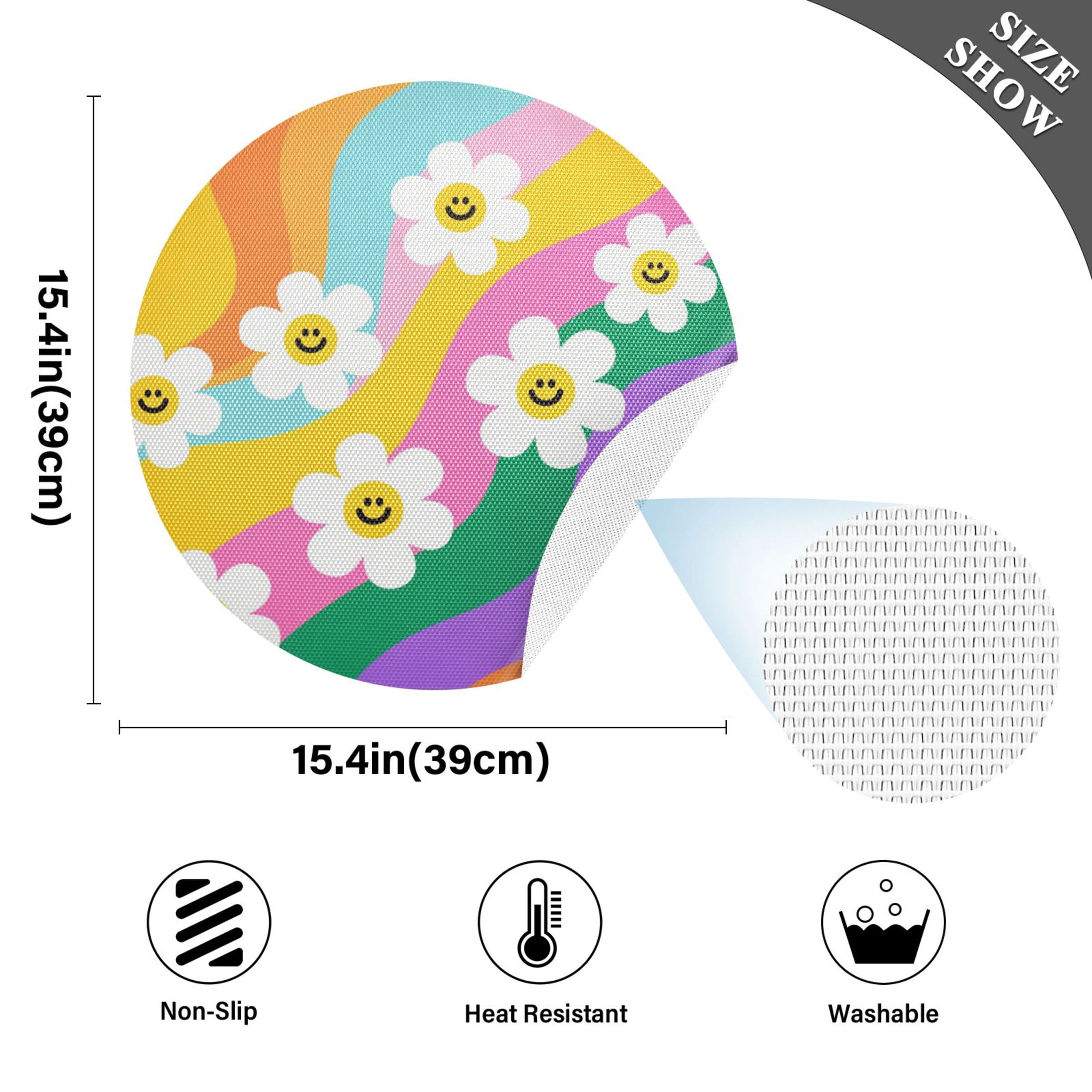 15.4 Inch Round Woven Placemats set of 6 for Dining Table Washable Heat Resistant Table Mats Non-Slip Washable Table Pad for Home Kitchen Decor Smiley Daisy on Rainbow Background