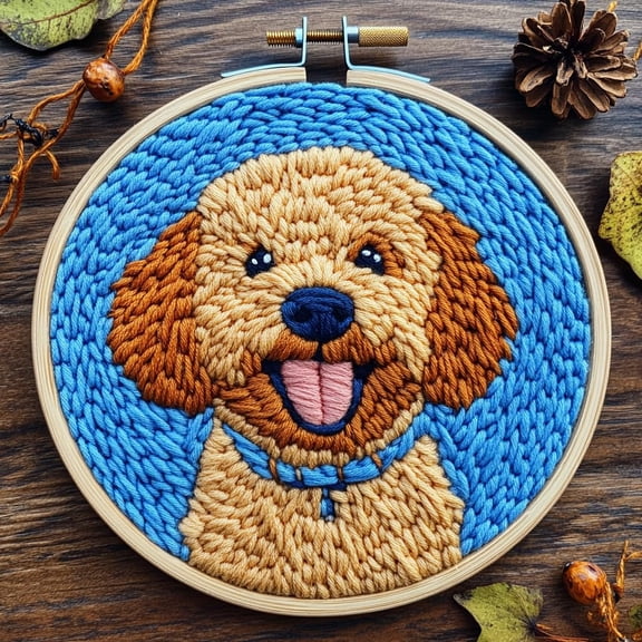 DIY Punch Needle Kits for Beginners Cute Golden Doodle Dog with Hoop Punch Needle Starter Craft Embroidery Set Easy for Adults and Children Festival Gift and Decoration 20x20cm-2