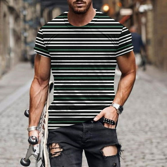 PNTUTB Mens Fashion Stripes Short Sleeve Crew Neck Everyday Casual Comfort Versatile Basic T Shirts