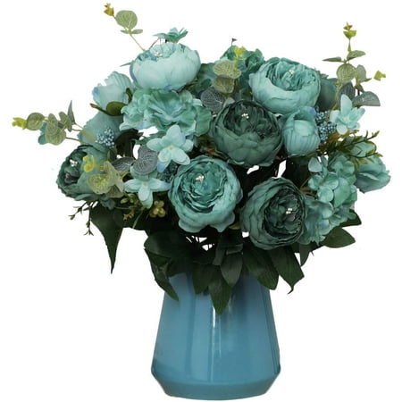 Big Artificial Flowers for Party Decoration Home Décor QUANTITY: Each unit contains 1 bouquet (vase is NOT included)  this bouquet is big  high quality，natural-looking and vivid colored. Each bouquet has 11 branches  5 peony flowers  2 hydrangea flowers  3 eucalyptus leaves and small flowers and also 1 peony bud. Leaves are symmetrically distributed on both sides of the flower branches. Note: Vase is NOT included! SIZE & WEIGHT: Each bouquet is approx. 19.69  H x 11.81  W  each peony flower is approx. 3.15  diameter  hydrangea flower is approx. 4.72  diameter. Net weight: 160g/bouquet. MATERIAL: The flowers are made of high quality silk cloth  leaves are with silk printing. Its stem is made of plastic wrapped iron wire  can be converted at will to adjust the shape freely. COLOR: This lifelike artificial peony and hydrangea bouquet has variety of colors  white  fuchsia  turquoise  pink  light purple  white & green and grey & purple colors available. BRAND: We focus on high end artificial flowers and plants  you are welcome to search our brand  Shjenleifa  for more surprise!