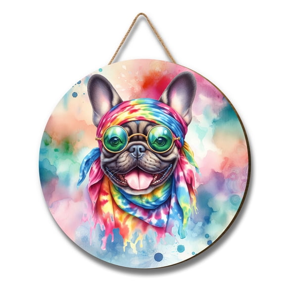 Hippie French Bulldog Portrait Watercolor Tie-Dye Vintage Styles Round Wood Sign Dog Lover Gifts Hanging Wall Home Decor - 00014