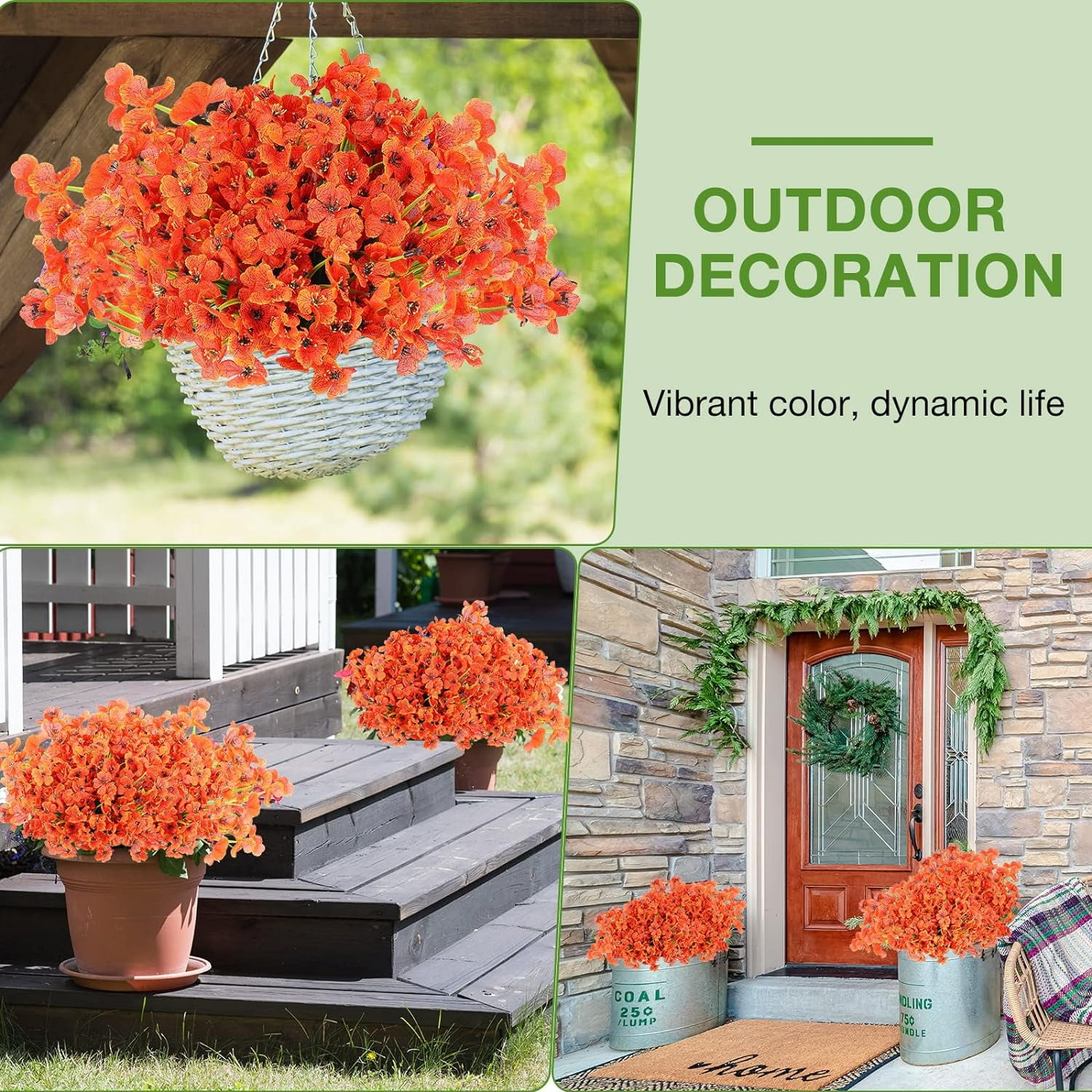 6 Bundles Artificial Flowers for Outdoors, Fake Silk Violet Flowers Faux Plants UV Resistant for Hanging Planters Window Box Front Porch Indoor Outside Decorations (Orange)
